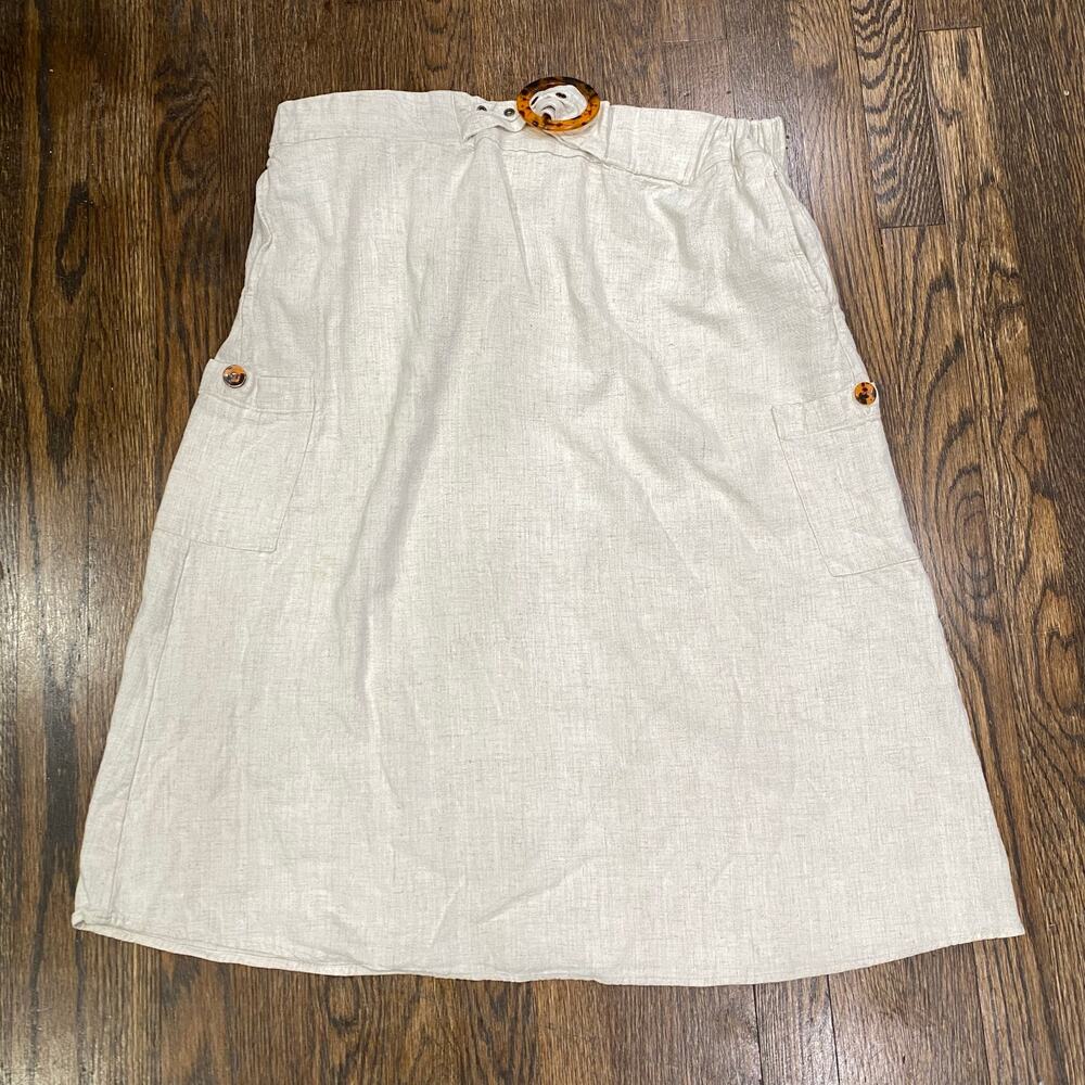 Marissa Olivia Linen Bland Skirt Size XL Wide Waistband Pockets Midi Length